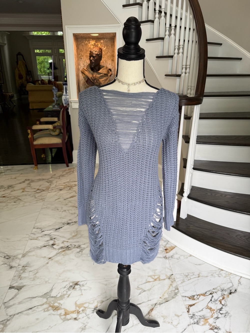 Fashion Nova| Uniquely Classy Slate Blue Distressed Knit Midi Dress | Sz Small!
